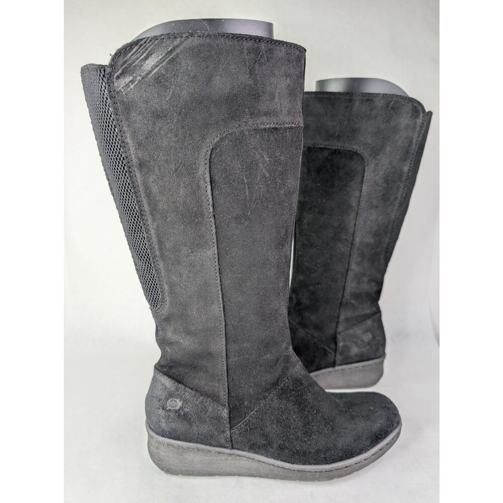 BORN Black Suede Brandenburg Tall Boots Stretch Panel Wedge Size 8.5